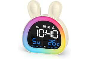 ORIA Barnväckarklocka kanin för sömnträning, 5 RGB-färglampor, 5 nivåer volymjustering, dubbla larm, 6 typer av musik, barnklockor sovrum för småbarn, flickor, pojkar, tonåringar, tunga sovande