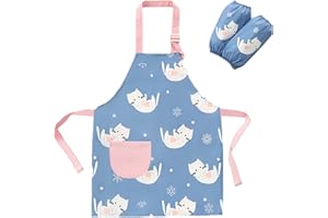 SUNNEKO delantal niño,delantal niña cocina 8 a 12 años delantal y gorro para niños Impermeable Infantil con Bolsillos para Niños Niñas Ajustable de Artista Chef Cocina Hornear Pintura Artesanía