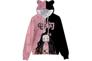 NARUNING Demon Slayer Sweatshirt à Capuche, 3D Cartoon Print Long Sleeve Cat Ears Pullover, Kids Student Casual Fashion Sweatshirt (100cm-170cm)