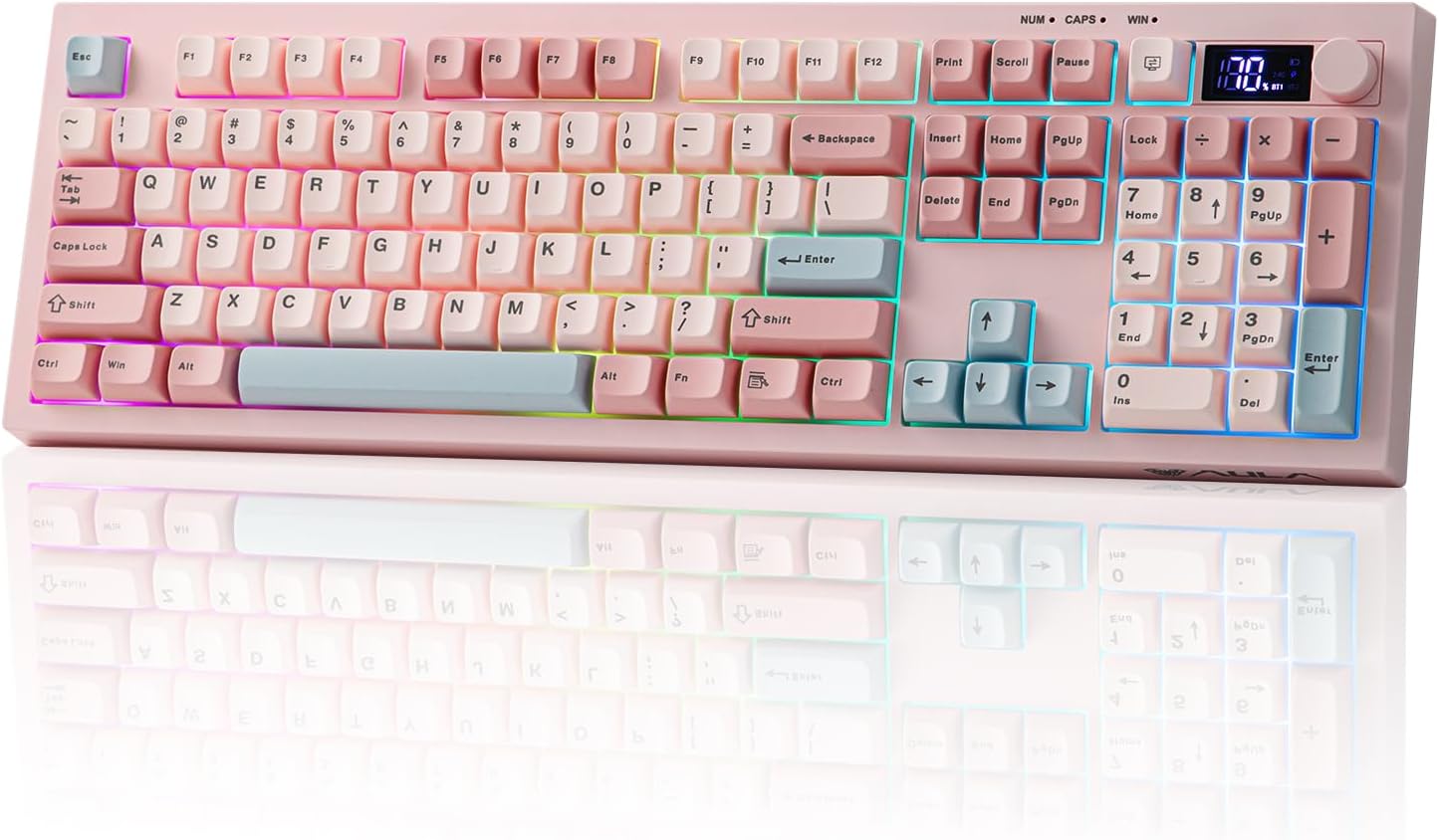 EPOMAKER AULA S102 PRO Membrane Gaming Keyboard with TFT Screen, Volume Knob & Number Pad, BT/2.4G/USB, RGB Backlit, Creamy Silicone Structure, Silent Keyboard for PC Game/Office (Pink)