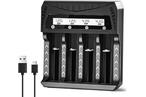 BOANV 4 Slots Chargeur Piles Rechargeable 18650 Charge Rapide pour AA AAA Rechargeable avec Port USB-C (2 Slots Chargeur) pour Li-ION Batterie, pour NH-CD Batterie avec LCD Screen