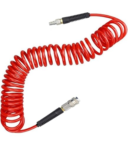 Air Compressor Hose Kit YOTOO Polyurethane Recoil Air Hose, Air Compressor Hose 1/4\" Inner Diameter By 25' Long With Bend Restrictor, 1/4\" Industrial Quick Coupler And Plug, Red Airbrush Compressor