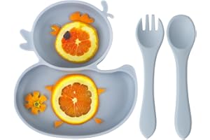Qshare Talerz dla niemowląt, antypoślizgowy, z przyssawkami, dzielony, stabilny talerz dla niemowląt, talerz z łyżeczką, widelcem, nie zawiera BPA, nadaje się do mycia w zmywarce i używania w kuchence
