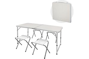 ECD Germany Set Table + 4 Chaises De Camping - Table Pliante Pliable Portable - 120 Cm - En Aluminium et MDF - Couleur Blanc/Crème - Réglable - pour Extérieur - Jardin Pique-Nique Camping