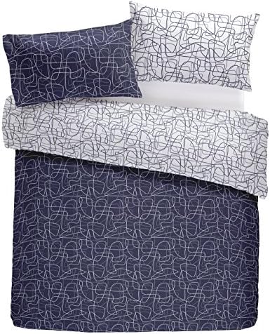Nineteen11 'Doodle Lines' Graphic Swirls and Contrast Reverse Duvet Cover Set, Double, Navy