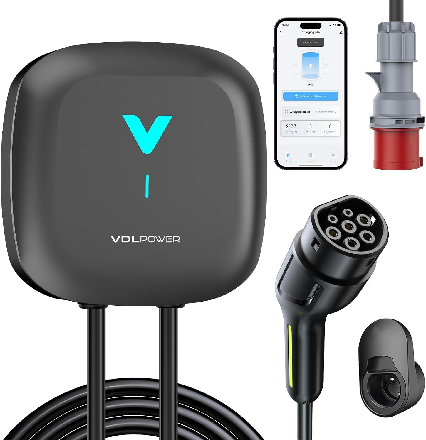VDLPOWEREU Wallbox , Cargador para Vehículo Eléctrico 22kW,6-32A Type 2 Trifásico, Wi-Fi, Bluetooth, Interior/Exterior, soporte de enchufe, Protección IP67 para BEV/PHEV