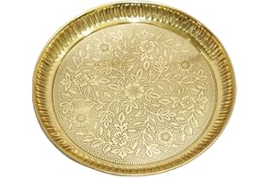 BRACOP® Brass Pooja Thali Hindu Aarti Thali Pooja Samagri Home Decorative Embossed Serving Plate Puja Plate Religious Items Temple Accessories Round Platters Gifts Set Hindu Gift