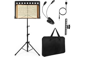 LOTMUSIC Music Stand for Sheet Music Sturdy Tripod Base Adjustable Height Metal Portable with Carrying Bag LED light Paper Holder