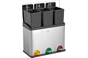 Homra Poubelle à Pédale 3x15 Litres Maxer | Système de Tri des Déchets Sélectif 15 Litres | Fermeture Amortie | Poubelle de Recyclage | Rectangulaire | Acier Inoxydable | Inox Brossé