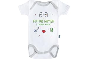Baby Geek Futur Gamer comme Papa - Body Bébé Manches Courtes - Coton - Blanc - Coutures Grises