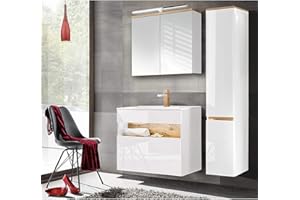 Lomadox Badezimmermöbel Set, 80cm Unterschrank mit Keramik Waschbecken, Hochglanz weiß mit Wotaneiche, Hochschrank und LED-Spiegelschrank