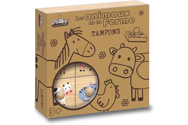 Créa Lign’ | Tampons Animaux de la Ferme - Étui Bois | 9 Tampons + Encreur Lavable | Activité Créative et Ludique Enfant 3+ | Idéal Maison et École