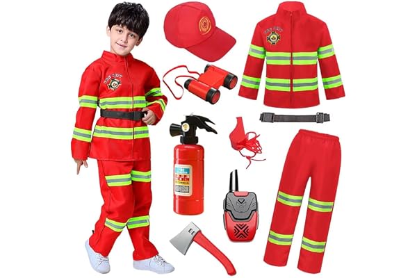XFOZDM Costume de Pompier deguisement enfant pompier avec Pompier Jouet Extincteur Jouet Pompier Accessoires pour Carnaval Halloween Jeu de rôle Cadeau,2-9 ans