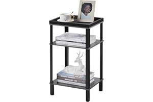 YEAKOO Side Table for Small Spaces,3 Tier End Table with Metal Tabletop Tray Storage Shelf, Small Narrow Thin End Table Bedside Table,Nightstand for Hallway,Living Room, Bedroom, Office Grey