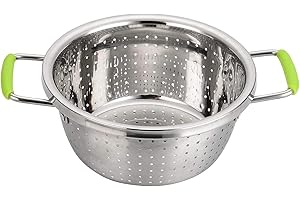 Contiup Acier Inoxydable Profond Passoire CP72 Micro-perforé 2,5 Pintes Métal Passoire Alimentaire avec Vert Poignées en Silicone pour Évacuation Pâtes Nettoyage Aliments comme Fruit