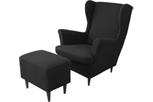 JHLD Stretch Husse für Ohrensessel Mit Ottomane Schonbezug, 2 Stück Husse für Ohrensessel Jacquard Ohrensessel Schonbezug Hockerbezug Für Hunde Katzen -Schwarz-3 Stück