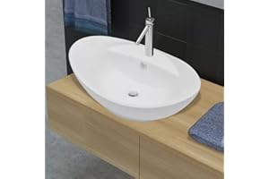 Festnight Luxuriöses Keramik Waschbecken Waschschale Waschtisch Badezimmer Waschplatz Aufsatzwaschbecken Oval und Überlauf 59 x 40cm