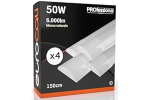 Eurocali Plafoniera LED soffitto 150cm 50W Lineare 6000 lumen - Luce Bianco Naturale 4000K - Pacco da 4 plafoniere
