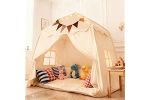 Barntält inomhus med stjärnor ljusslingor och färgglada flaggor – stort tält barnkammare barntält (142 × 90 × 152 cm) för inomhus och utomhus, lekstuga för pojkar och flickor, läshörna och rollspel