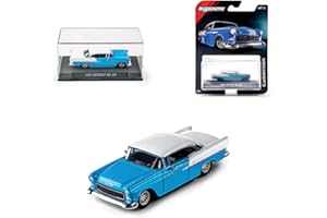 Majorette Collection 1955 Chevrolet Bel Air, Coche de Metal Azul y Blanco, Escala 1:64, Ruedas de Goma, Faros Transparentes, Expositor con Tornillo, Especial coleccionista, 14 años (8505001001)