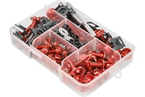 JNNJ 177 Pcs Kit de Pernos de Carenado de Moto, Tornillos de Fijación de parabrisas, Tornillo de Tuerca de Arandela de Aluminio Juego de Clips Surtido, Universal para Moto Todoterreno(Rojo)
