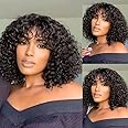 Datanala Bob Wig with Bangs deep wave Short Bob Wig with Bangs 10inch Human Hair 3x1 HD Lace Glueless Wigs Blunt Cut Silk Bob Wig Wear and Go 180% Density Realistic Look Natural Color for Women
