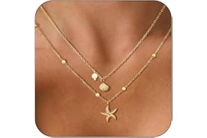 AstraGlam 2PCS Shell Necklace for Women – 18K Gold Layered Starfish Pendant and Pearl Detail – Summer Jewellery Stackable Gold Chains for Beach Holiday Look
