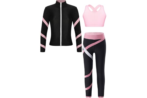 YiZYiF 3pcs Tenues Patinage Artistique Survêtement Sport Manches Longues Veste Col Haut et Débardeur et Pantalon Justaucorps Gymnastique pour Fille 5-16 Ans