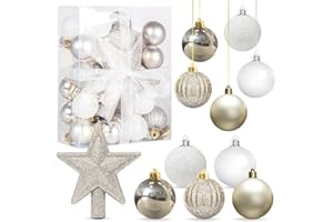 AURASKY Decoracion de Bolas Arbol de Navidad Blanco Oro 3CM, 30 pcs, Mini Adornos, Esferas de Plastico, Regalos Colgantes