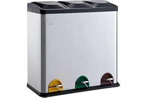 SVITA TC3X20 Poubelle à pédale, en acier inoxydable, 60 l, argent, 3 x 20 l, 3 compartiments XXL, système de tri des déchets, poubelle de cuisine, 3 compartiments