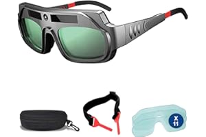 THREE STARS Gafas de Soldadura con Oscurecimiento Automático Ajustables para Energía Solar + 11 Protectores de Repuesto + Correa de Sujeción + Funda - Gafas Proteccion Trabajo y Construccion| 3-Stars