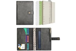 Wonderpool Carpetas Diario de cuero Cuaderno recargable Diario en espiral - Papel de cuadrícula de puntos y bolsillos interiores de cuero real para viajes escolares Trabajo (Gris, A5)