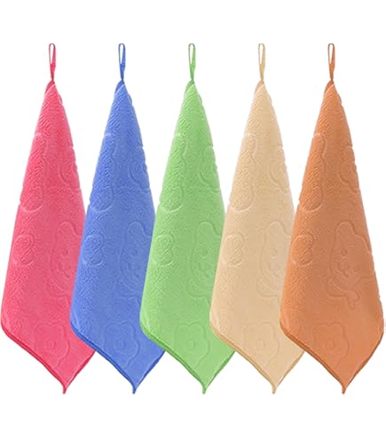 10 Asciugamani Bambini In Pile Corallo 25x25 Cm + 2 Ganci - Morbidi E Assorbenti - Multicolore - Foto 6