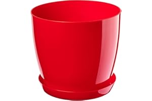 KADAX Maceta con plato, maceta redonda para interiores, elegante maceta de plástico, maceta ligera para flores y plantas para el hogar (14 cm de diámetro, color rojo)