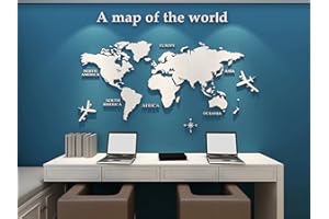 Shuanghao Wall Stickers Murals Background Poster Decoration Mirror Fashion Art Creative Acrylic 3D World Map Mundi for Office Study Living BedRooms Home Large Murals Wall Decals Stickers white120*60