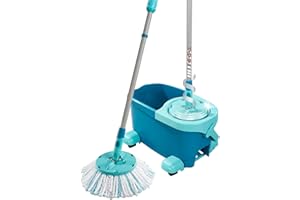 Leifheit Clean Twist Disc Mop Ergo mobile Kit complet balai, serpillière et seau essoreur avec roulettes, ensemble balai serpillère en microfibre avec manche télescopique, essorage sans effort