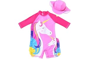 Kinder Badebekleidung Baby Mädchen Badeanzug UV Schutz mit Sonnenschutz Mütze Badekappe Langarm Kinderbadeanzug Schwimmkleidung UPF 50+ Einteiliger Reißverschluss