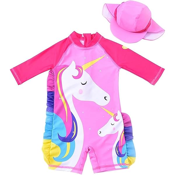 Cheerful Mario 1-7T Toddler One Piece Swimsuit Long Sleeve Baby Girls Boys Uv Swimming Costume Kids Rash Guard Swimwear With Sun Hat, Blue, 4-5 Years