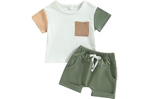 Xeadoffubio Baby Jungen Sommer Kurze Hosen Outfits Patchwork Sportanzug Kurzarm Rundhals Kontrast Farbe T-Shirt+Elastische Taille Kurzehose Jungen Loungewear Set Summer Tracksuit