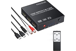 PROZOR HDMI Audio Extractor 3x1 HDMI Switch Converter 3.5mm AUX Optical Output Support 4K 3D with IR Remote HD MI Cable 3.5mm to 2 RCA Cable for Blu-ray DVD PS4 TV