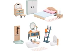 GIANT BEAN Puppenhaus Möbel Holz Set, Holz und Kunststoff Bad und Schlafzimmer-Set, 24 Teiliges Puppenhaus Zubehör Pretend Play Möbel Spielzeug für Jungen, Mädchen und Kleinkinder Wooden Dollhouse Furniture Set