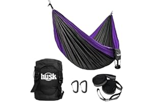 HUSK HAMMOCKS Double Pack Ultralight Outdoor Travel Hammock for Hiking Backpacking Camping Attached Compression Bag Attached Compression Bag Tree Saver Straps (Grape)