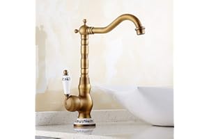 kisimixer Robinet Lavabo Retro PoignéE Unique Robinetterie de Lavabo Robinet Salle Bain,PoignéE en CéRamique Robinet Lavabo Salle de Bain Robinet D'évier de Cuisine（Laiton Antique, Haut)