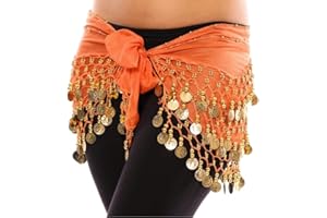 GENERIC LEENSY 3 Rows Belly Dance Costume Belt Skirt Hip wrap Outfit Gold Coin Bead Scarf, Chiffon Belly Dance Hip Scarf Coin Belt with 128 Coins, Black, RED, White, Navy Blue, Purple One Size