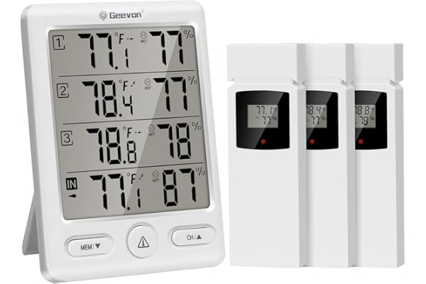 Geevon Thermomètre intérieur extérieur sans fil avec 3 capteurs à distance, hygromètre électronique, jauge de température avec portée de 60m Conditions sans obstruction