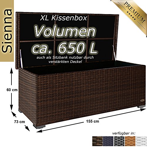 PREMIUM „Sienna“ 650 L Kissenbox aus Polyrattan (es regnet nicht rein), L 155 cm x B 73 cm x H 60 cm ideal als Sitzbank nutzbar aufgrund des verstärkten Deckel mit 2 x Gasdruckstoßdämpfer, Farbe Java Braun - 2