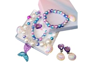 Yiran Girls Magical Mermaid Jewelry Set with Gift Box Candy Bracelet Mermaid Tail Necklaces Earrings and Ring For Girls Play Pretend Dress Up Favors Gift for Christmas And Birthday