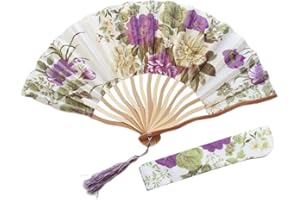 BICBLL Faltbare Fächer Handfächer, Chinesischer Blumen Stoff Fächer Bambusgriff Wandfächer, Chinesischen Stil Hand Fächer Mit Quasten für Wanddekoration und Geschenke