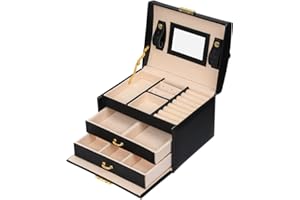 Mondeer Schmuckkasten, Schmuckkästchen mit 3 Ebenen, PU Leder, Abschließbarer Schmuckkästen mit Spiegel, Schmuckkasten mit Schubladen, Geschenk für Mädchen und Damen(Schwarz)