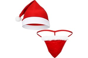 Hestya 2 Pièces Mankini de Noël avec Bonnet de Noël Thong pour Homme String Taille Basse Cadeau pour Mari